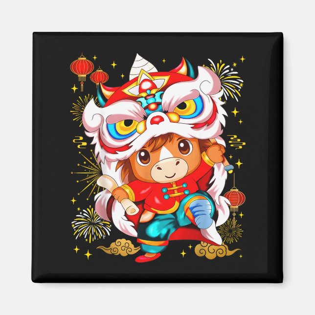 Funny Horse Lion Dance Chinese New Year Kid Men  Magnet (Front)