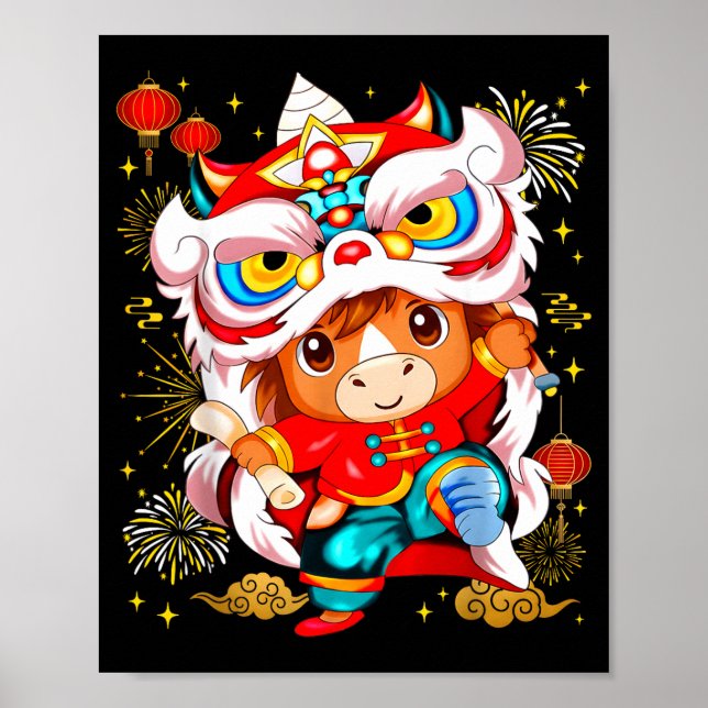 Funny Horse Lion Dance Chinese New Year Kid Men  Poster (Front)