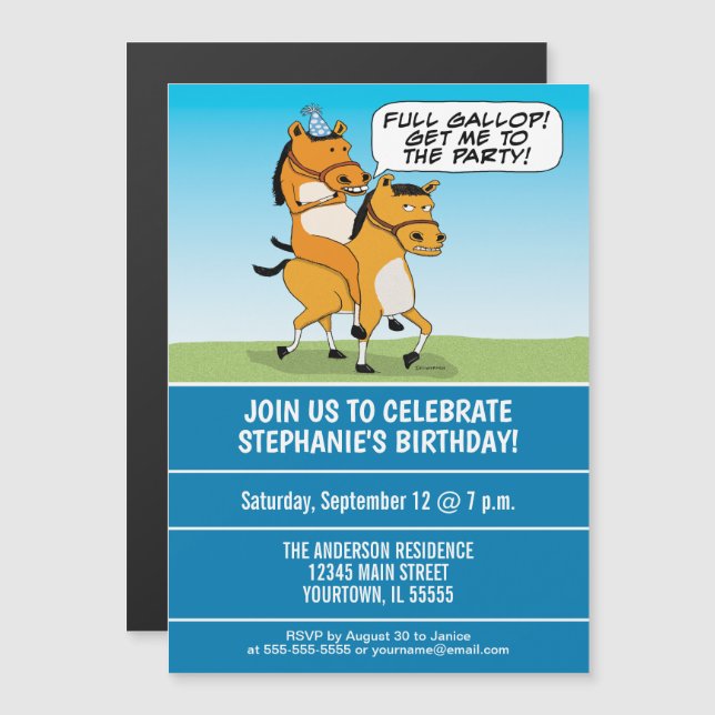Funny Horse Riding Horse Birthday Party Magnetic Invitation (Front/Back)