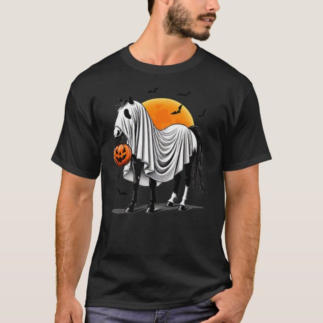 Funny Horse With Jackolantern Ghost Halloween Ride T-Shirt (Front)