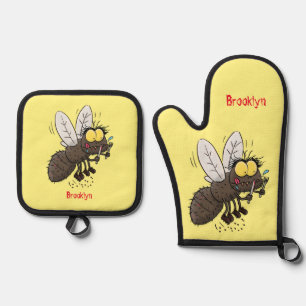 Funny horsefly insect cartoon oven mitt & pot holder set