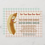 Funny Hot Dog Barbecue Birthday Party Buns Joke Invitation<br><div class="desc">Celebrate a birthday party or any fun cookout occasion with these silly invitations. They include a cartoon hot dog saying, "Get Your Buns Over Here!" Then they include room for all your party details. The background is light brown gingham, with a light green gingham on the back. Use the personalise...</div>