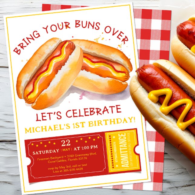 Funny Hot Dog Birthday Invitation – Kids Cookout B (Funny Hot Dog Birthday Party Cookout Invite)