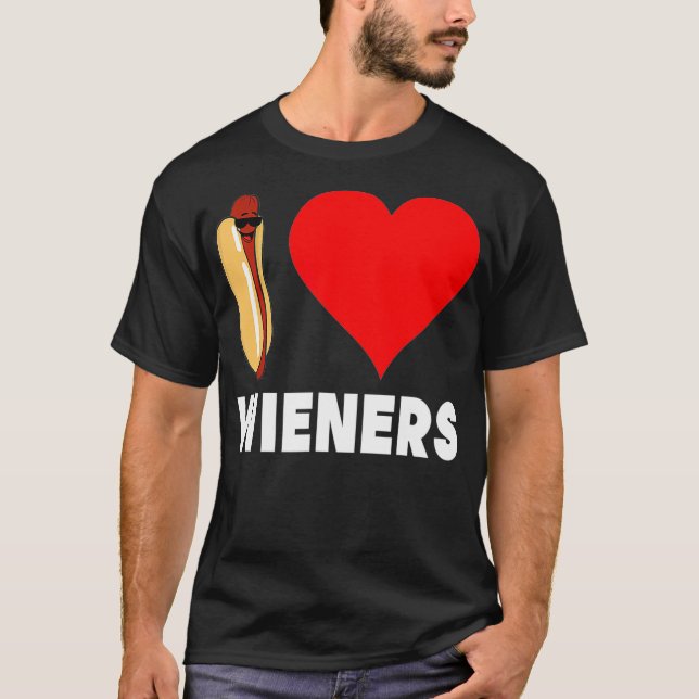 Funny Hot Dog Design  I Love Wieners Heart BBQ T-Shirt (Front)