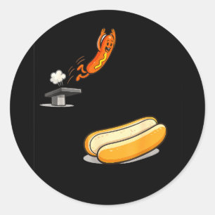 Funny hot dog diving into bun cartoon food humour  classic round sticker