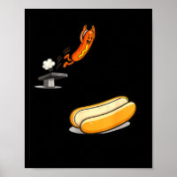 Funny hot dog diving into bun cartoon food humour