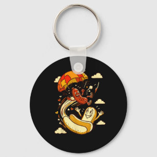 Funny Hot Dog Jumng Into Bun BBQ Sausage Cookout Key Ring