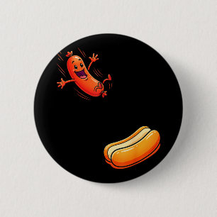 Funny hot dog jumping into bun sausage bbq high 6 cm round badge