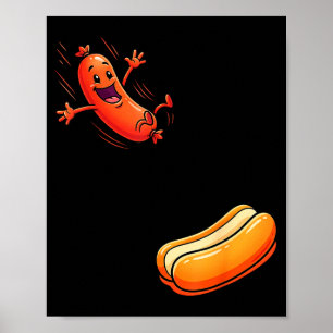 Funny hot dog jumping into bun sausage bbq high poster
