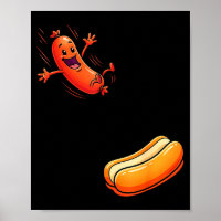 Funny hot dog jumping into bun sausage bbq high