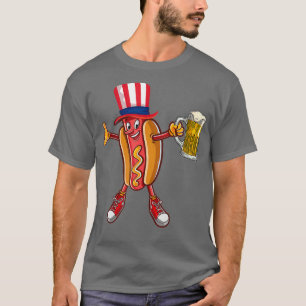 Funny Hot dog US Flag Hat Drinking Beer for 4th T-Shirt