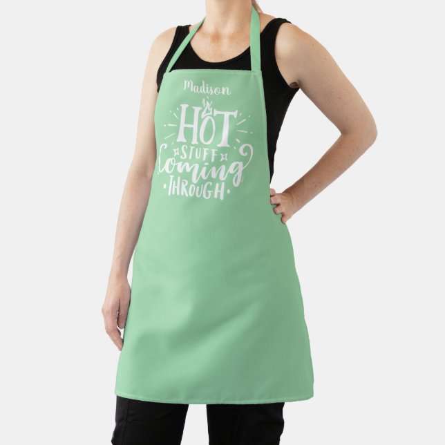 Funny Hot Stuff Typography Light Green Apron (Insitu)