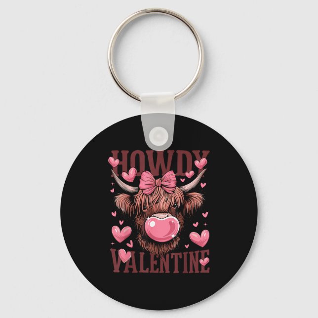 Funny Howdy Valentine Highland Cow Valentine’s Day Key Ring (Front)