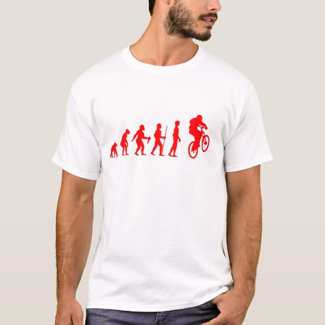 Funny Human Evolution to Mountain Biker Jump T-Shirt (Front)
