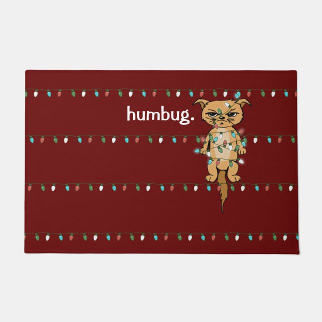 Funny Humbug Tangled Grumpy Xmas Cat Berry Holiday Doormat (Front)