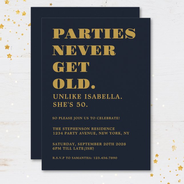 Funny Humourous 50th Birthday Party Navy Blue Gold Invitation (Creator Uploaded)