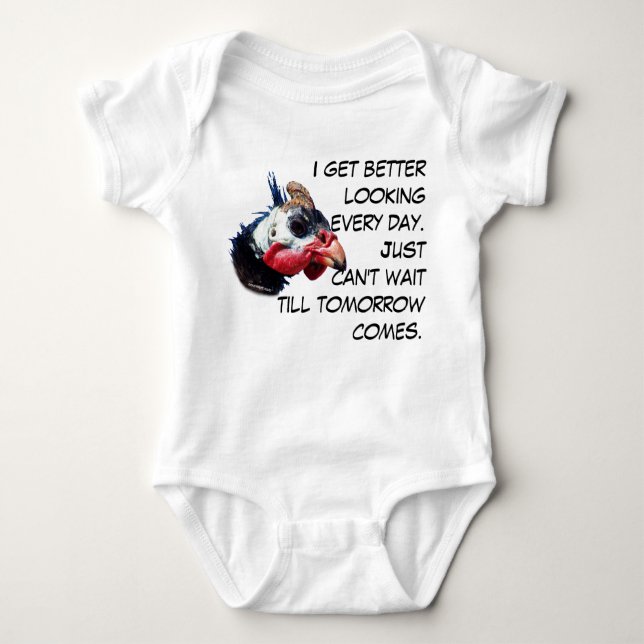Funny humourous getting better looking text baby bodysuit (Front)