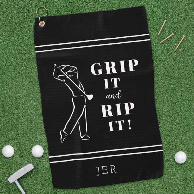 Funny Humourous Golf Grip It Rip Mens Black Custom Towel (Funny Humorous "Grip It & Rip It!" Custom Men's Black & White Golf Towel Unique Golfer Gift For Him.)