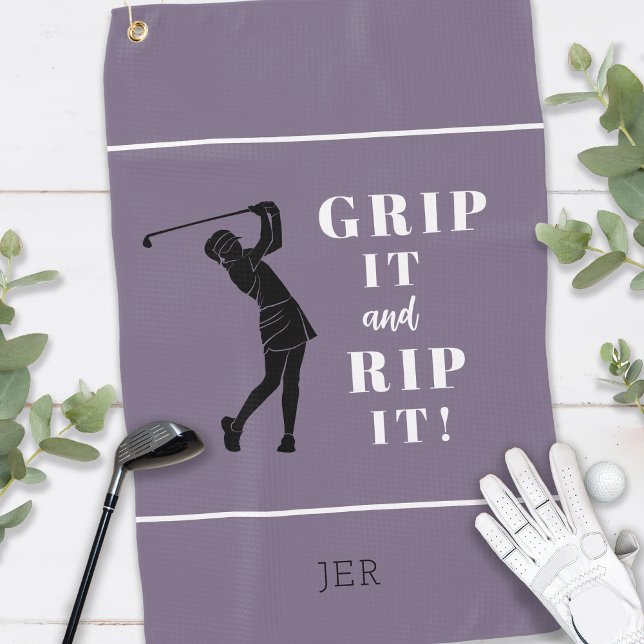 Funny Humourous Golf Grip Rip Ladies Purple Black Golf Towel (Creator Uploaded)