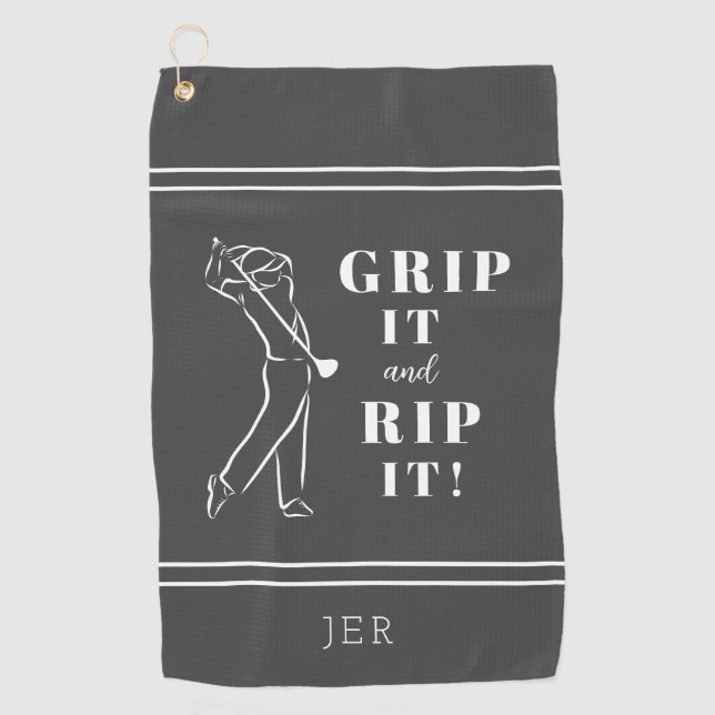 Funny Humourous Golf Grip Rip Mens Grey Custom Pro Golf Towel (Front)