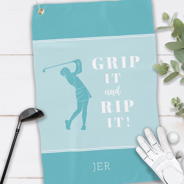 Funny Humourous Golf Grip Rip Womens Teal Custom Golf Towel (Creator Uploaded)