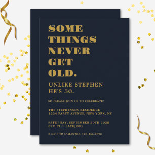 Funny Humourous Navy Blue Gold Birthday Party Invitation