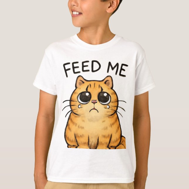 Funny Hungry Cat Staring for Food Art T-Shirt (Front)