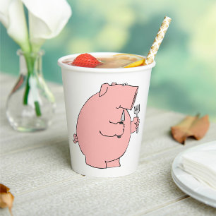 Funny Hungry Pig Holding Fork and Knife Paper Cups