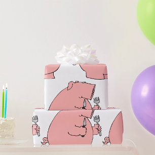 Funny Hungry Pig Holding Fork and Knife Wrapping Paper