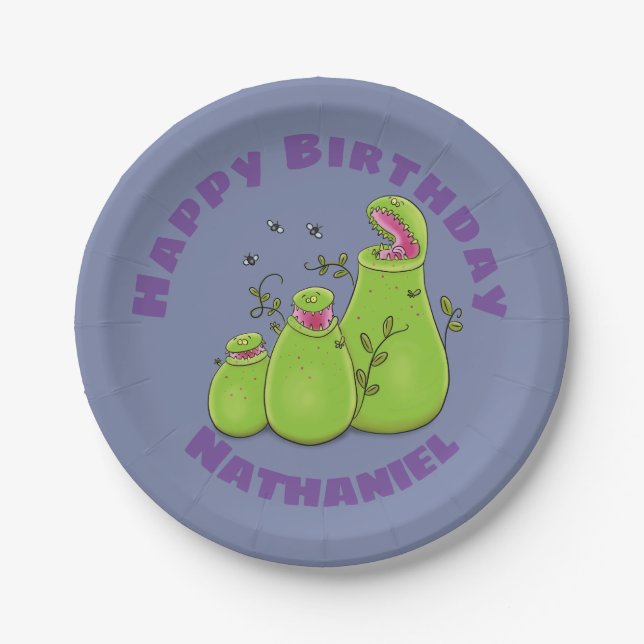 Funny hungry pitcher plants cartoon illustration paper plate (Front)