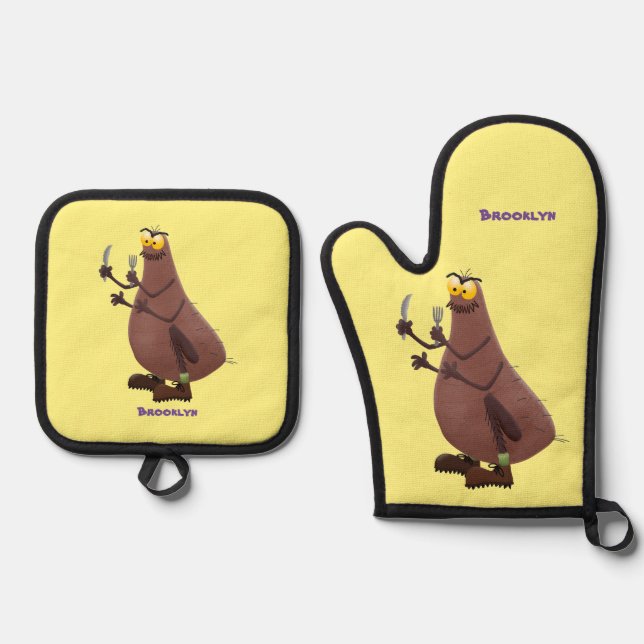 Funny hungry ugly flea cartoon oven mitt & pot holder set (Front)
