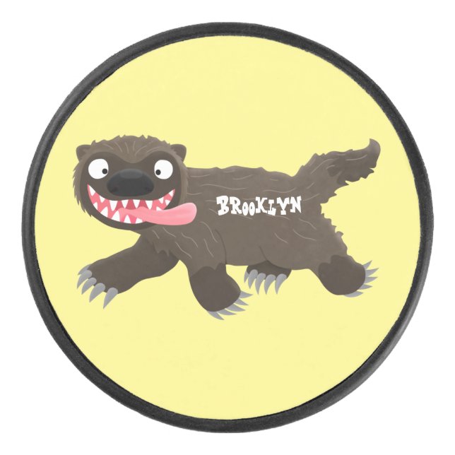 Funny hungry wolverine animal cartoon hockey puck (Front)