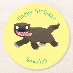 Funny hungry wolverine animal cartoon round paper coaster
