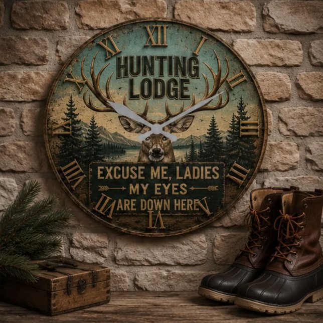 Funny Hunting Lodge Rustic Deer Hunter Decor Large Clock (Creator Uploaded)