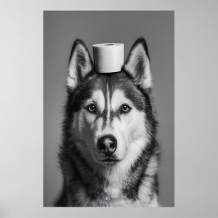 Funny Husky Bathroom Print, Toilet Paper Dog Poster