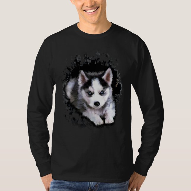 Funny Husky Breaks A Hole To Get Out T-Shirt (Front)