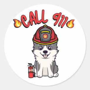 Funny Husky dog is a firefighter  Classic Round Sticker