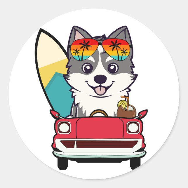 Funny Husky Dog is driving to the beach Classic Round Sticker (Front)