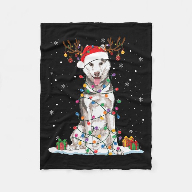 Funny Husky Dog Tree Christmas Lights Xmas Pajama  Fleece Blanket (Front)