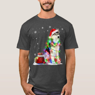 Funny Husky Dog Tree Christmas Lights Xmas Pajama  T-Shirt