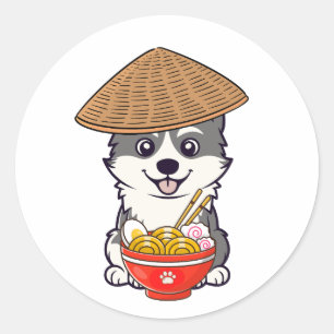 Funny husky is eating noodles classic round sticker