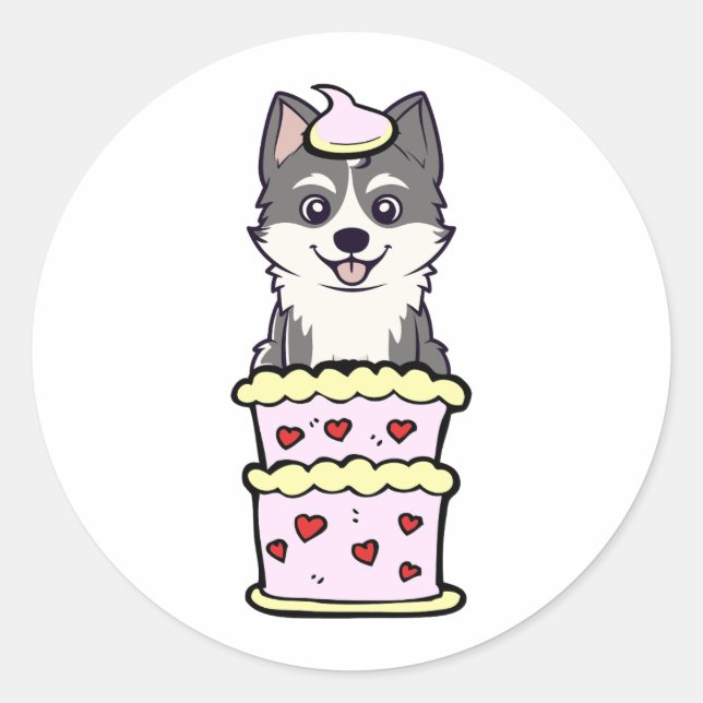 Funny husky jumping out of a cake classic round sticker (Front)