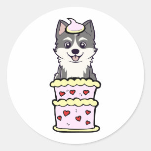 Funny husky jumping out of a cake classic round sticker