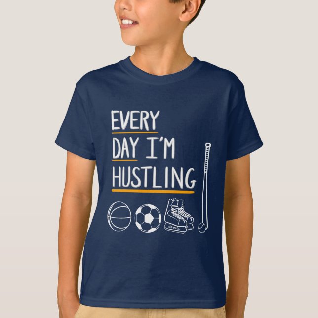 funny hustling sports tee shirt for active kids (Front)
