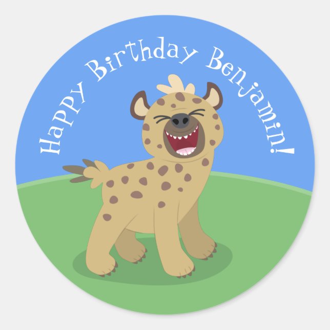 Funny hyena laughing personal cartoon birthday classic round sticker (Front)