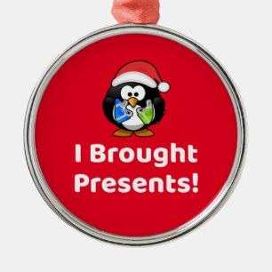 Funny I Brought Presents! Penguin Metal Tree Decoration