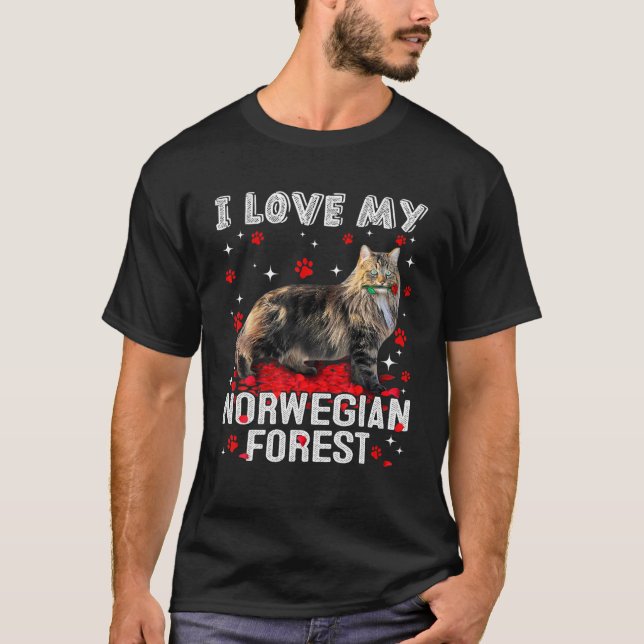 Funny I Love My Norwegian Forest Valentine Cat Lov T-Shirt (Front)