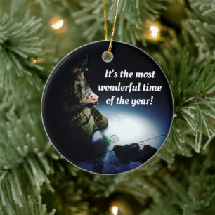 Funny Ice Fishing Holiday Ceramic Tree Decoration