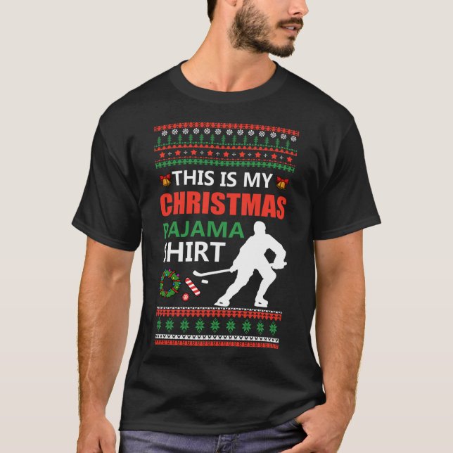 Funny Ice Hockey Christmas Pajama Ugly X Mas Sweat T-Shirt (Front)