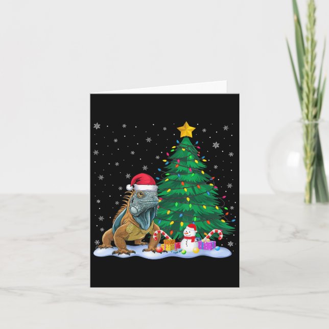 Funny Iguana Xmas Tree Lights Reindeer Hat Christm Card (Front)